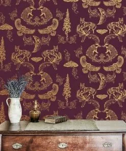 The Graduate Collection Rose & Thorn Dipped In Moonlight Wallpaper - Metallic Gold & Burgundy