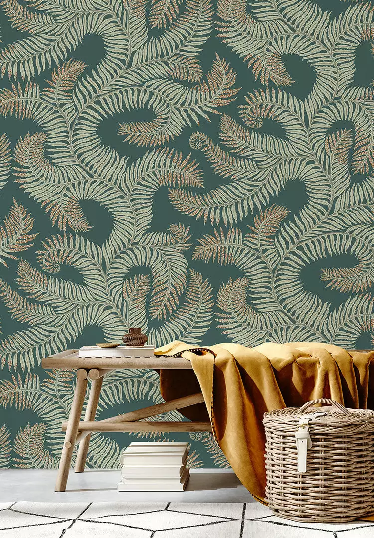 Josephine Munsey Les Jardins Royaux Bombe's Fernery Wallpaper In Teal & Orange 5 Josephine Munsey Les Jardins Royaux Bombe's Fernery Wallpaper In Teal & Orange