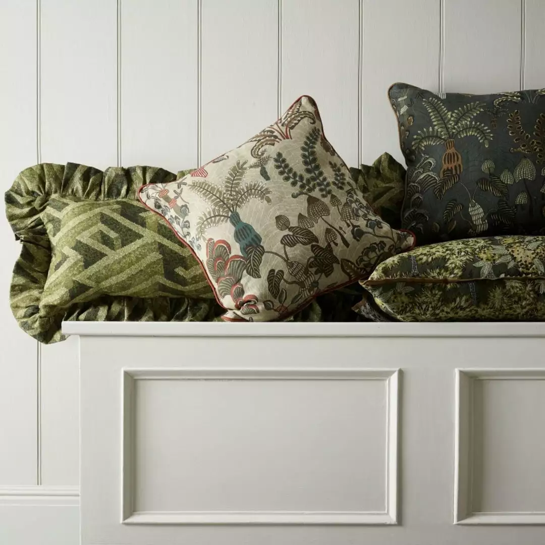 Josephine Munsey Labyrinth Lumbar Frilled Cushion Green 4 Josephine Munsey Labyrinth Lumbar Frilled Cushion Green