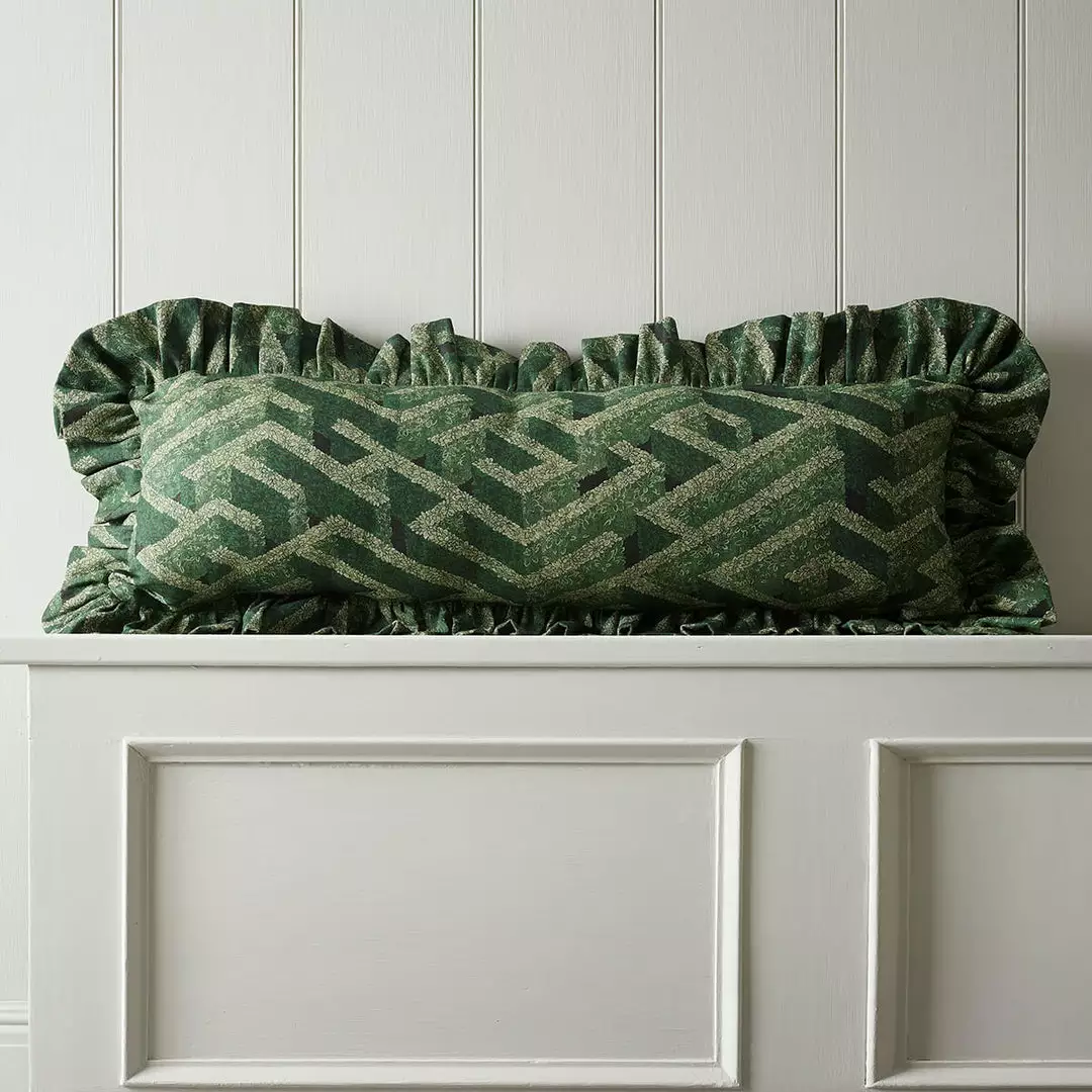 Josephine Munsey Labyrinth Lumbar Frilled Cushion Green 3 Josephine Munsey Labyrinth Lumbar Frilled Cushion Green