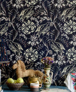 Mind The Gap Folk Embroidery Indigo Wallpaper Rose & Thorn