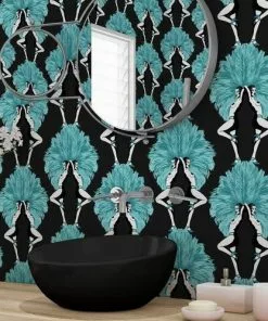 Cheap The Design Yard Shop 40 The Graduate Collection New Showgirls Wallpaper Metallic Teal & Black