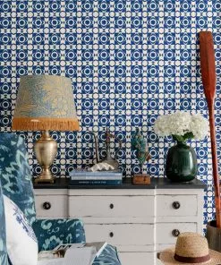 Mind The Gap Blue Skies Ahead Aegean Tiles Leather Wallpaper
