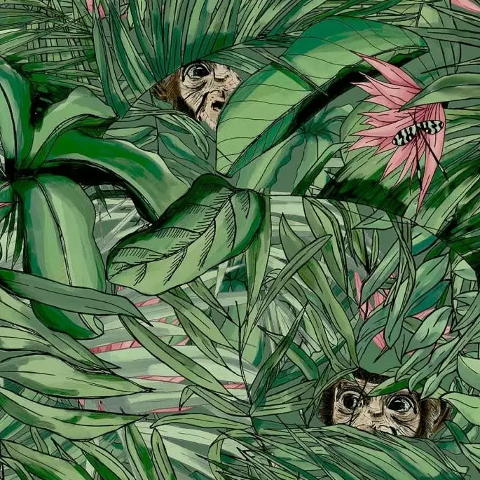 Brand Mckenzie Monkey Forest Wallpaper, Dark Green & Pink 3 Brand Mckenzie Monkey Forest Wallpaper, Dark Green & Pink