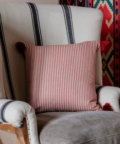 Mind The Gap Rhubarb Stripe Linen Cushion Blue Skies Ahead