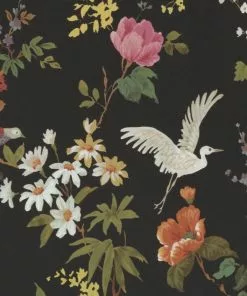 BN Rose & Thorn Fiore Heron Print Wallpaper Noir