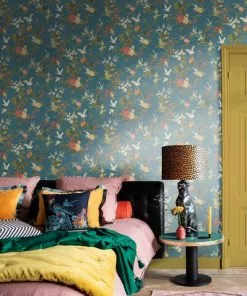 BN Fiore Heron Print Wallpaper Teal Rose & Thorn