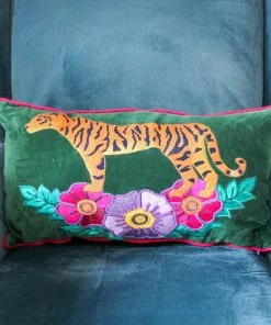 My Doris Wild Tiger Embroidered Green Velvet Cushion Cushions
