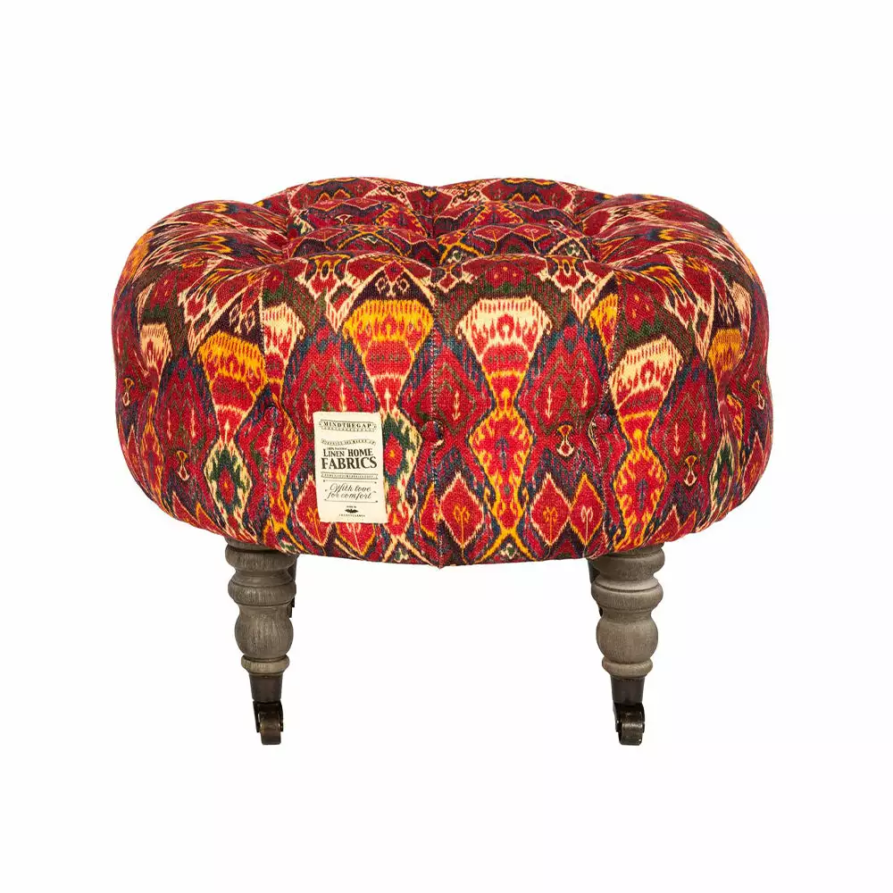 Mind The Gap Indigena Fez Tufted Stool - Uzbek Ikat Linen 3 Mind The Gap Indigena Fez Tufted Stool - Uzbek Ikat Linen